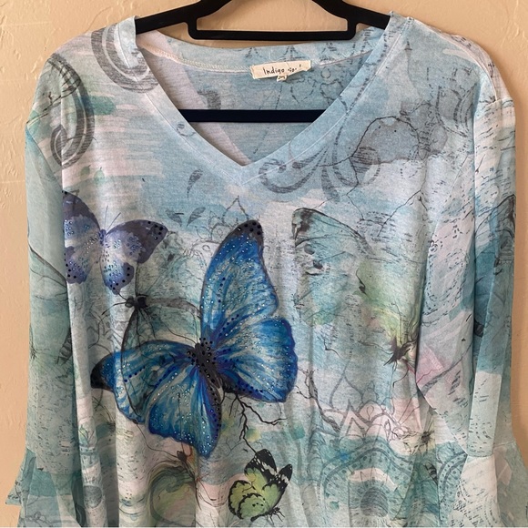Indigo Soul Blue Embellished Butterfly T-shirt Top Size 2XL - Picture 2 of 11